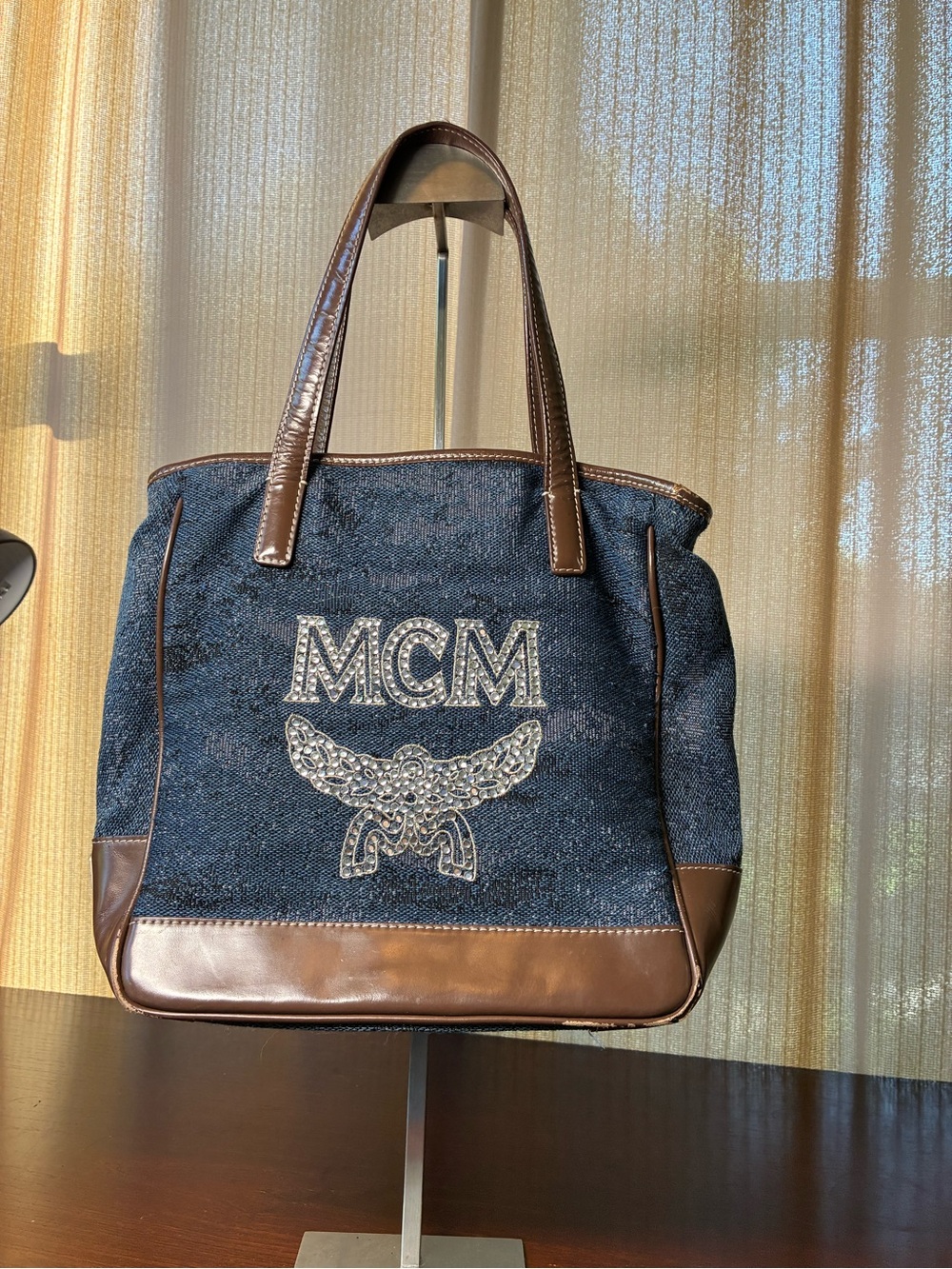 MCM Navy Denim Messenger Tote with Brown Leather Trim